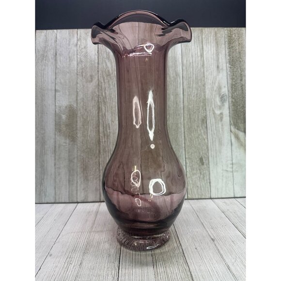 Vintage Amethyst Purple Blown Art Glass Long Neck Vase Ruffled Edge 11" Tall - Picture 2 of 9